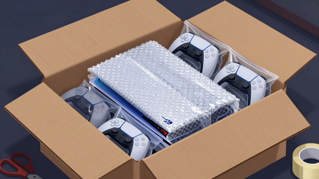 A console wrapped in bubble wrap, surrounded by sealed accessory bags inside a padded shipping box with Kraft paper outer layer.