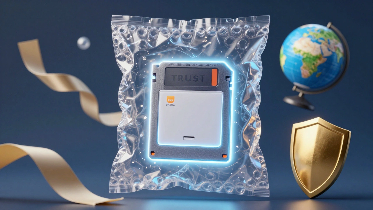 A fragile game cartridge and console protected by bubble wrap and tape, with symbolic elements of trust, nostalgia, and insurance floating around.