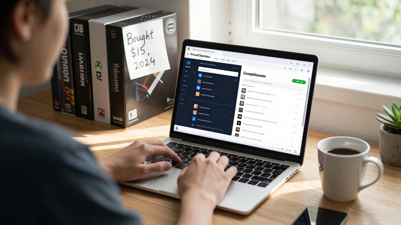 A person viewing synced digital and physical game collections on a laptop, with handwritten notes and a PriceCharting tab visible.