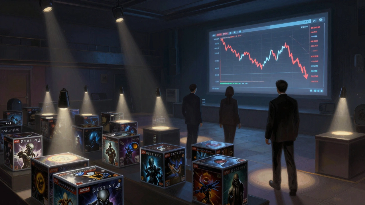 Auction hall with spotlighted vintage game boxes as corporate figures walk away from falling stock graphs.