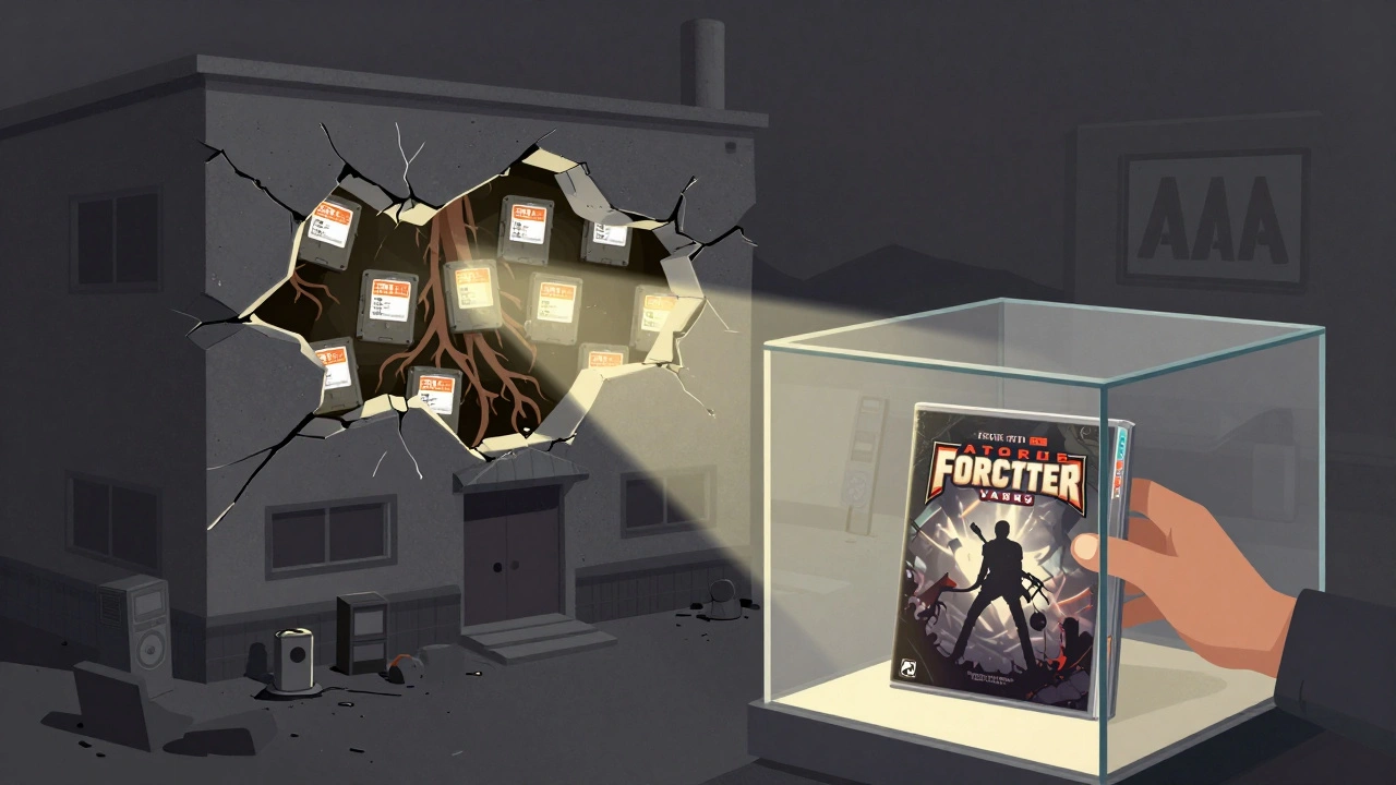 Crumbling game studio building with sealed cartridges bursting through concrete, a collector placing a steelbook in a case.