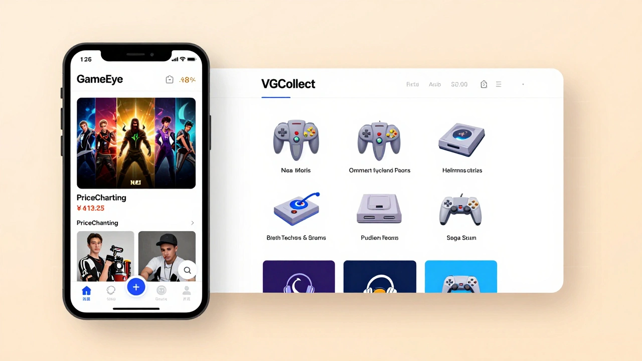 Digital dashboard comparing a mobile game tracking app and a web-based collector profile with icons for multiple gaming systems.