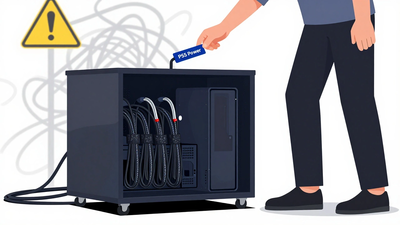 Gamer identifying a labeled cable beside a wheeled media cabinet, with bundled cables in braided sleeves for easy access and upgrades.