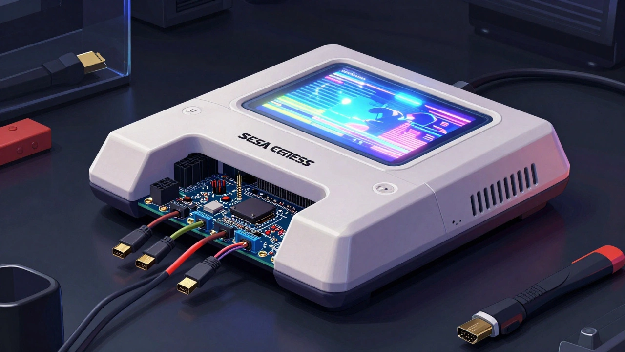 Sega Genesis with Electron Analog HDMI kit installed, showing custom shell, soldered wires, and a 720p game screen glowing softly.