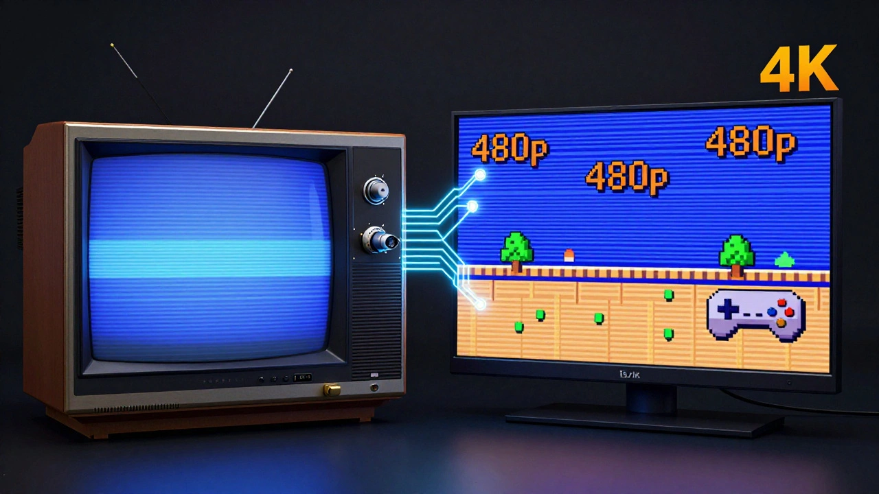 Split image contrasting blurry CRT NES gameplay with sharp 480p modern display, connected by glowing circuit lines representing an HDMI mod.