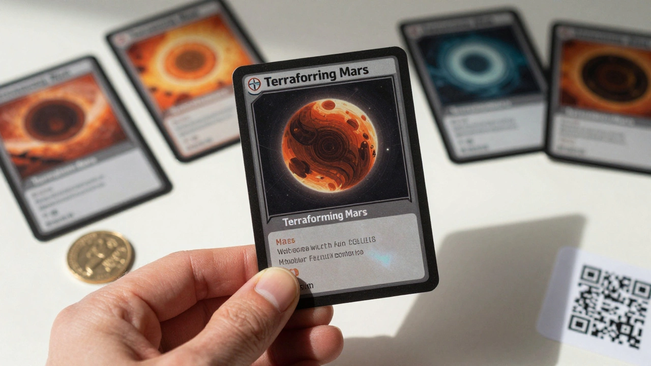 A card held to the light showing the difference between counterfeit and authentic Terraforming Mars cardstock.