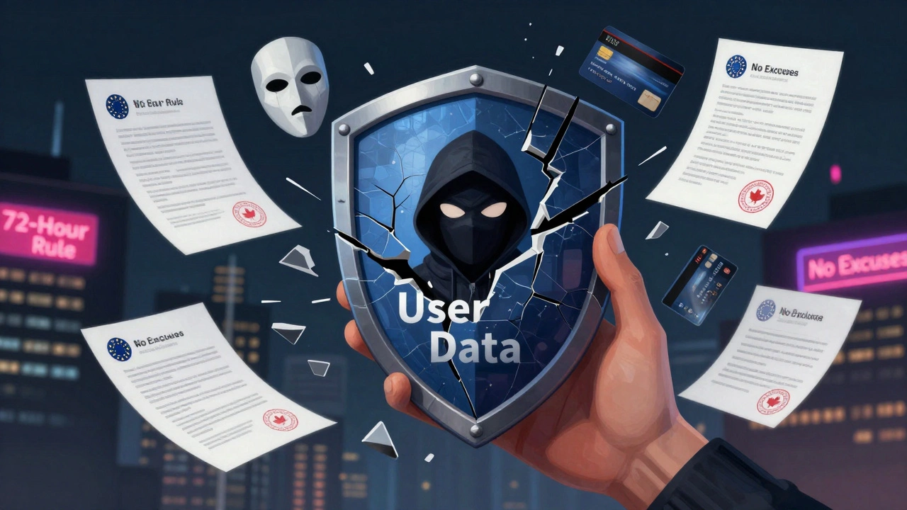 A cracked shield releasing threats like a hacker and blackmail note, surrounded by legal seals from global regulations.