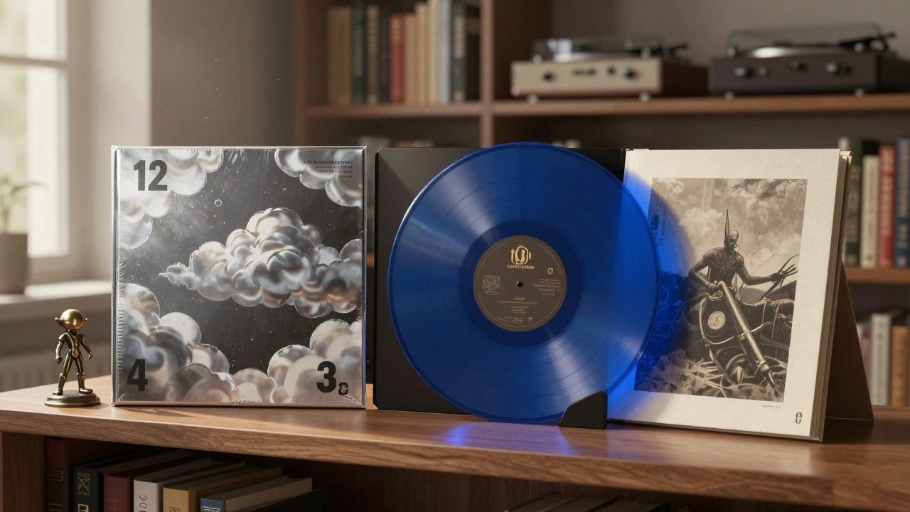 A curated shelf displaying steelbooks, colored vinyl records, and art books under soft sunlight.