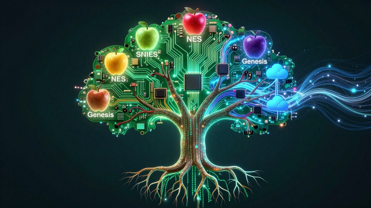 A glowing circuit tree with game system fruits, symbolizing hardware and software preservation of retro games.