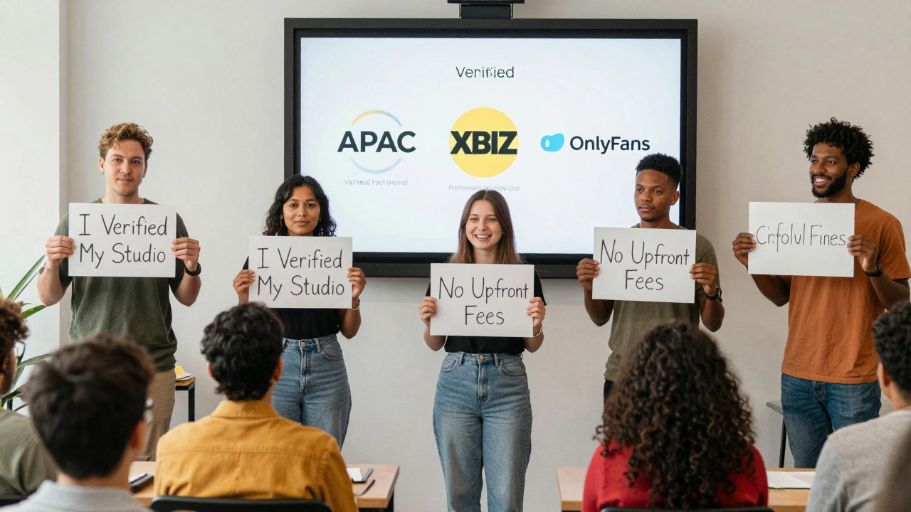 A group of performers gather in a community room, holding signs about verified recruitment, with trusted platform logos displayed on a screen.