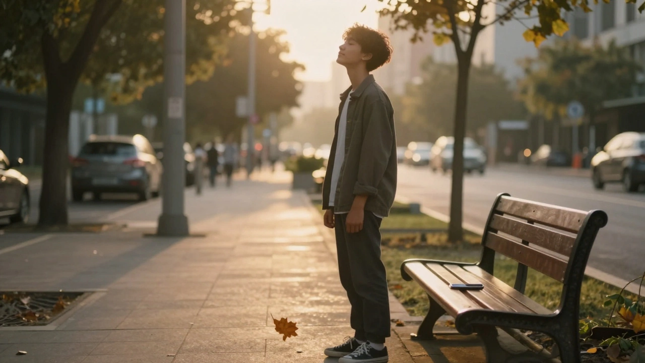 A non-binary person standing alone at dawn, breathing deeply as sunlight filters through trees.