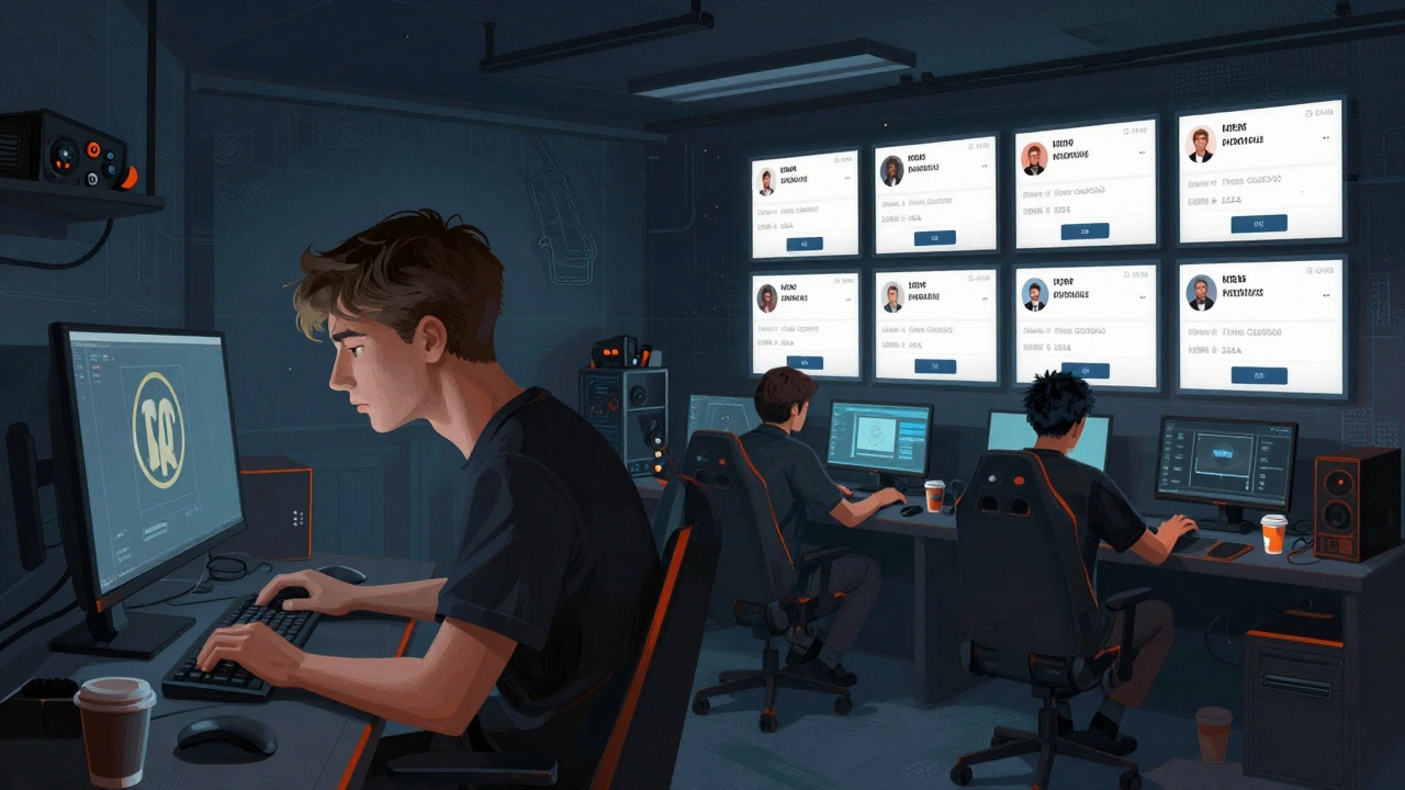 A player losing a bid while a seller secretly controls fake accounts through multiple monitors.