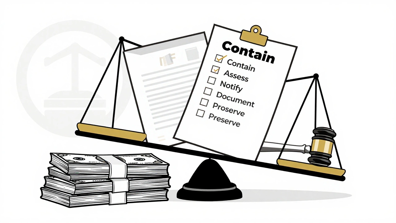 A scale tipping under legal penalties while a compliance checklist balances on the other side.