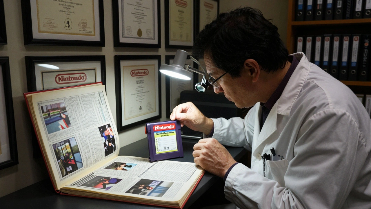 A technician examining a rare Nintendo World Championships cartridge with historical documents and certification stamps in an archival setting.