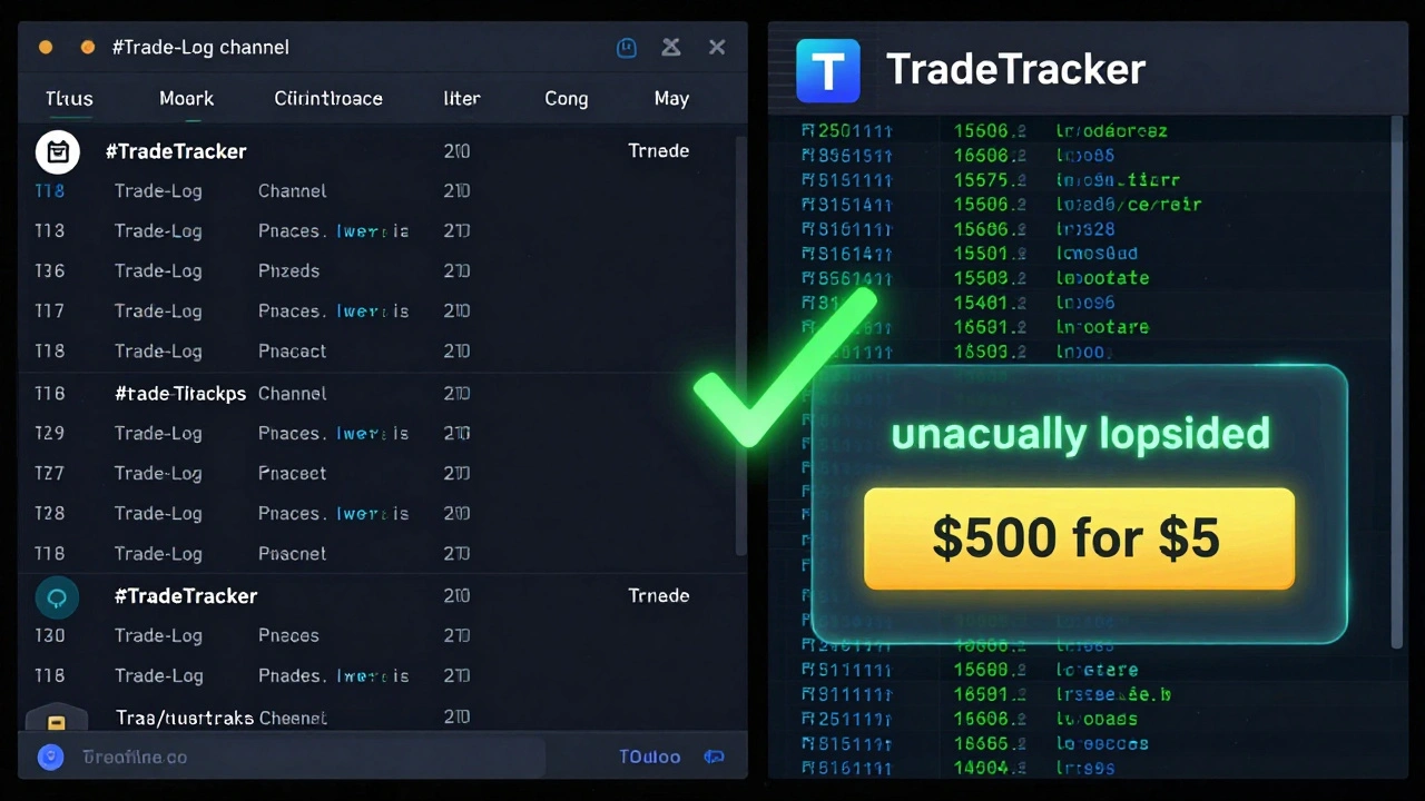 A trader posting a screenshot in a trade log channel while a bot flags an unusual trade value, digital interface with glowing alerts.