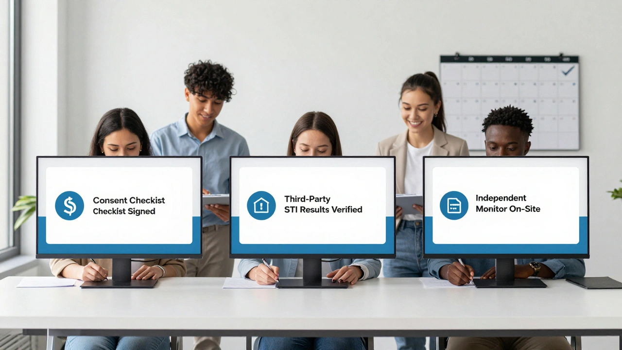 Digital compliance badges displayed alongside performers signing consent documents in a professional office.