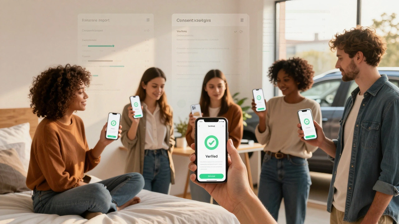 Diverse creators using a mobile app to verify their consent and earnings with a green 'Verified' badge.