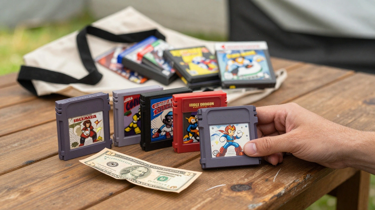 Five classic NES cartridges laid out on a table next to a  bill, with a full tote bag in the background.