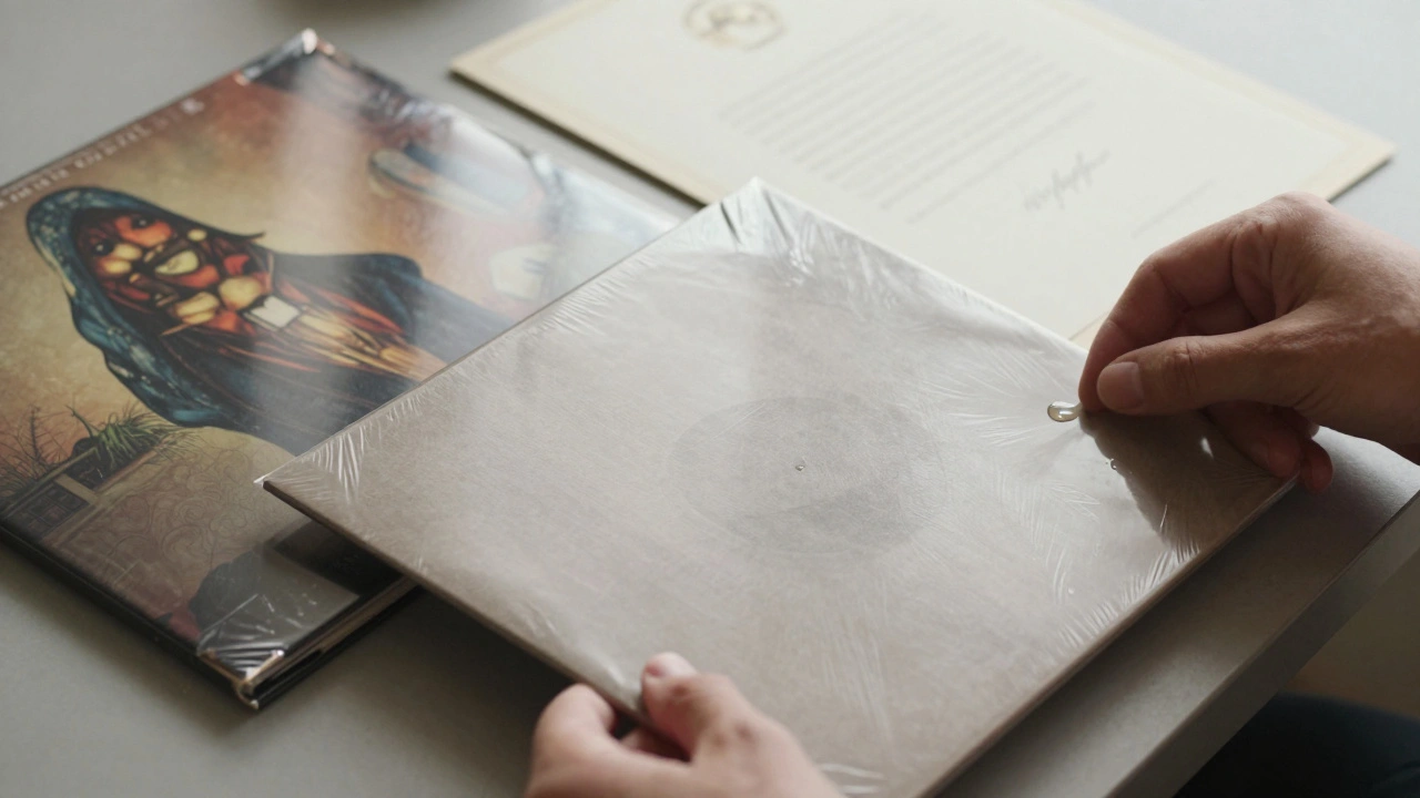 Hands placing a vinyl record into its sleeve beside an open steelbook with an art book inside.