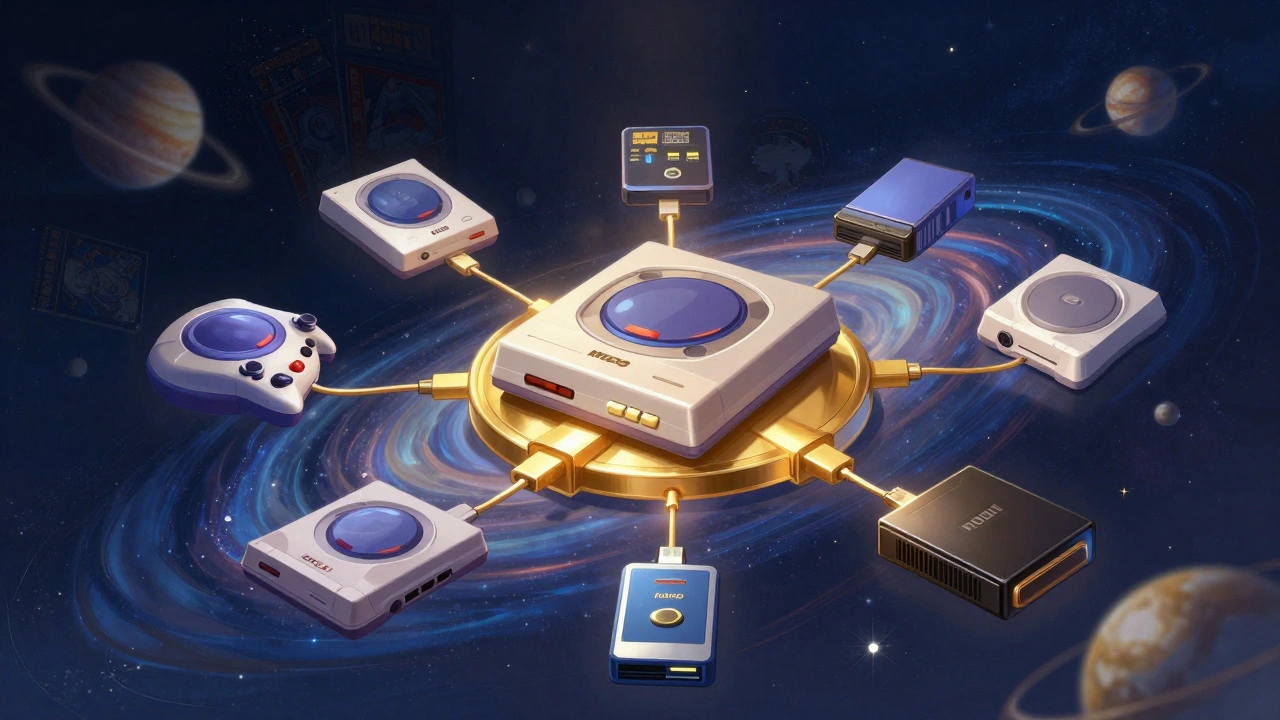 MODE emulator as a golden hub connecting Dreamcast and Saturn consoles, with storage devices and game art swirling around it.