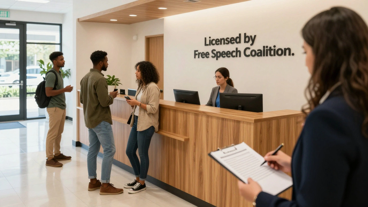 Performers meet with staff in a licensed studio lobby, reviewing a contract with a legal advisor under warm natural light.