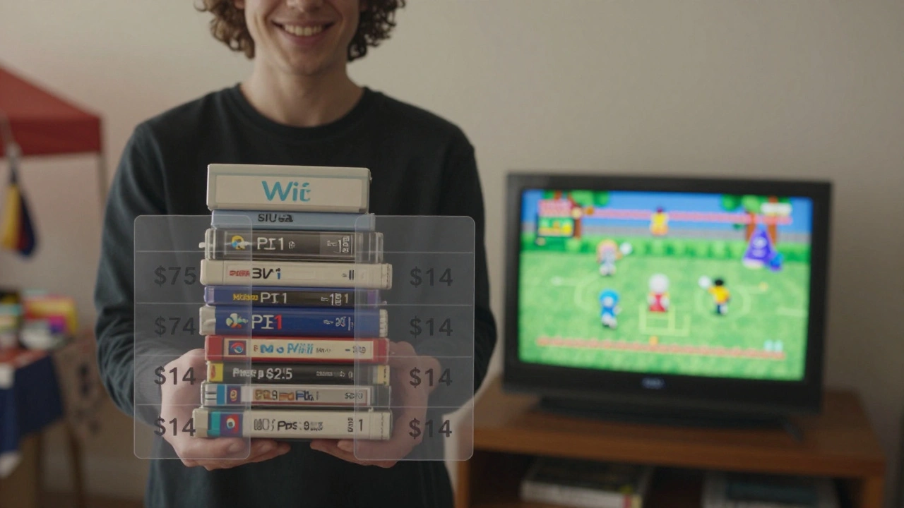 Person holding five used games beside a small TV playing a classic game, with price comparison visuals.