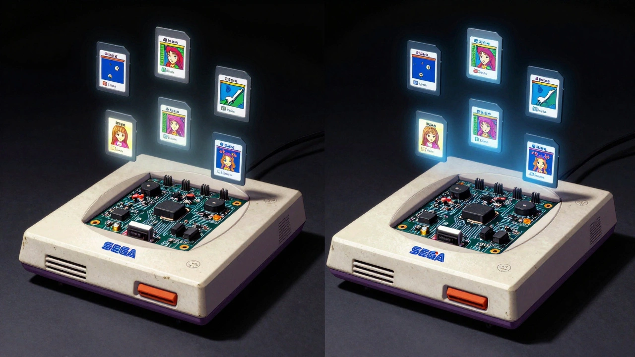 Sega Saturn Model 1 and Model 2 with Rhea and Phoebe emulators inside, SD cards glowing with game icons above them.