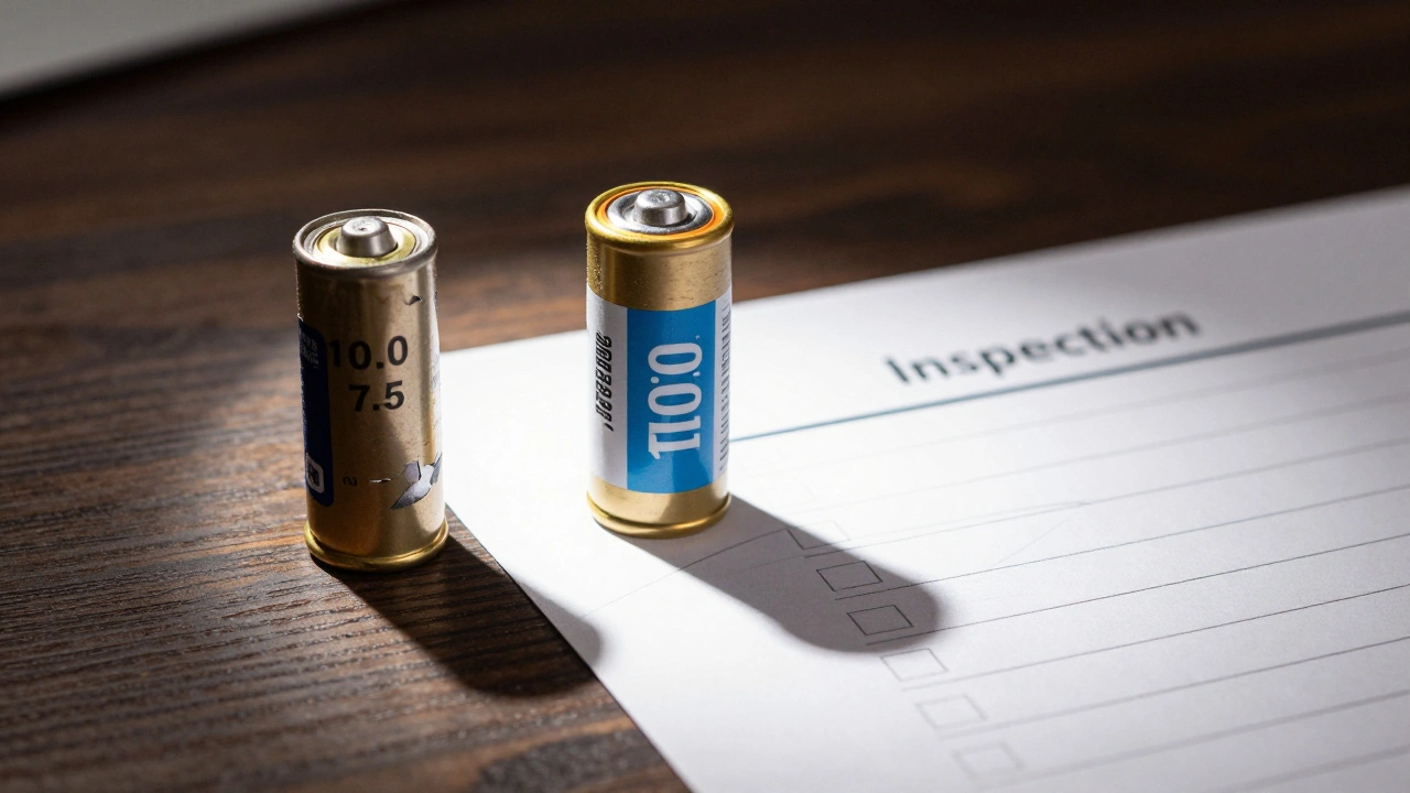 Side-by-side comparison of a perfect 10.0 game cartridge and a heavily worn 7.5 cartridge on a wooden table.