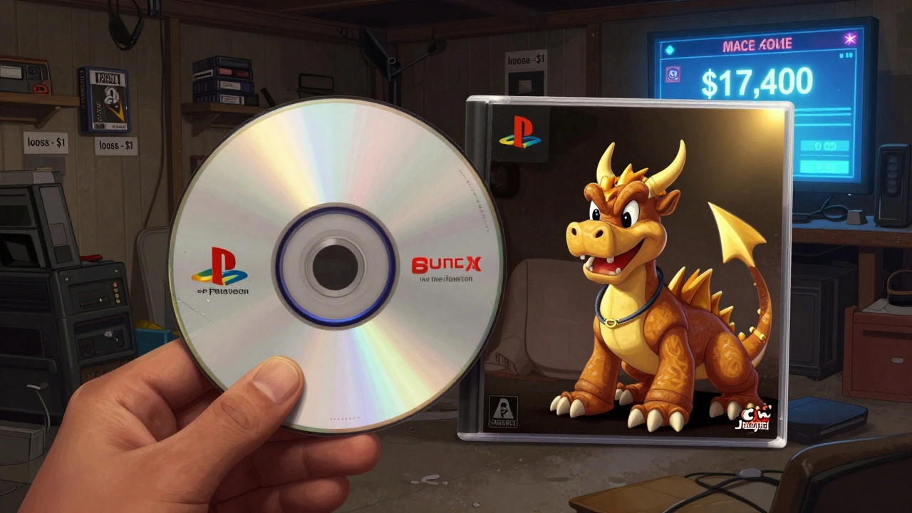 Side-by-side comparison of a scratched game disc and a sealed copy with price comparison overlay.