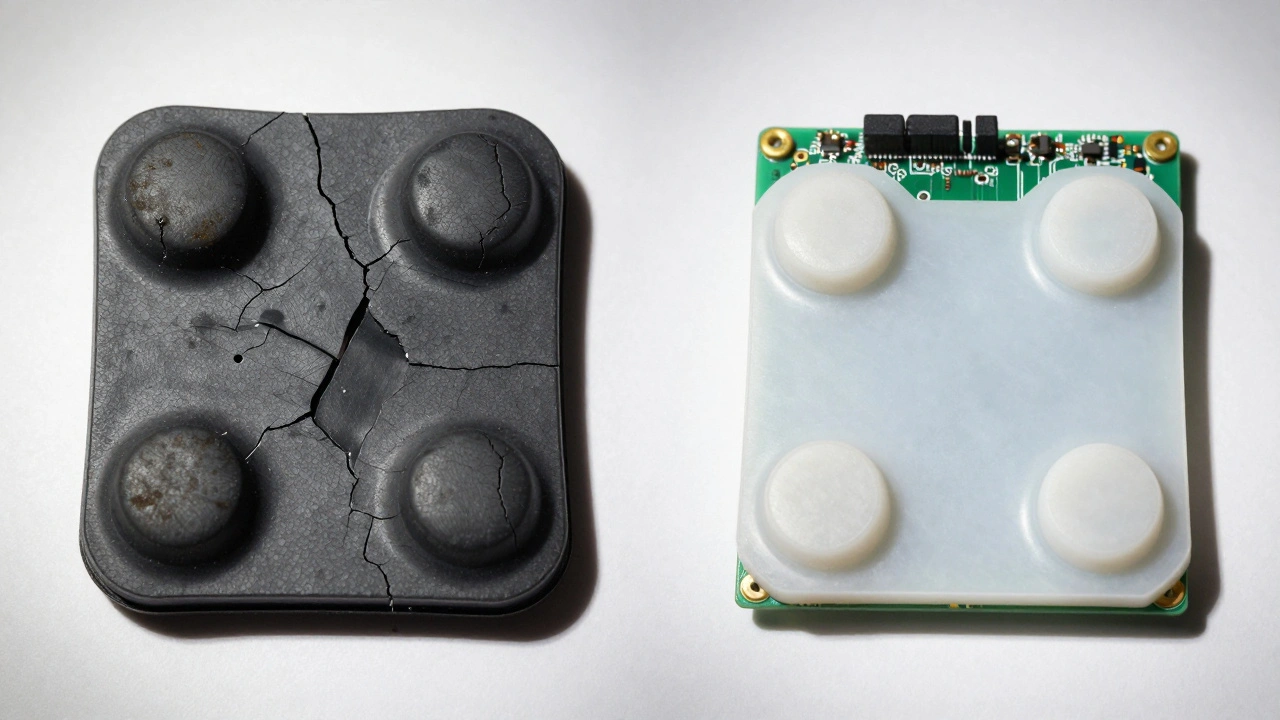 Side-by-side of degraded rubber pad versus new replacement kit for retro game controller repair.
