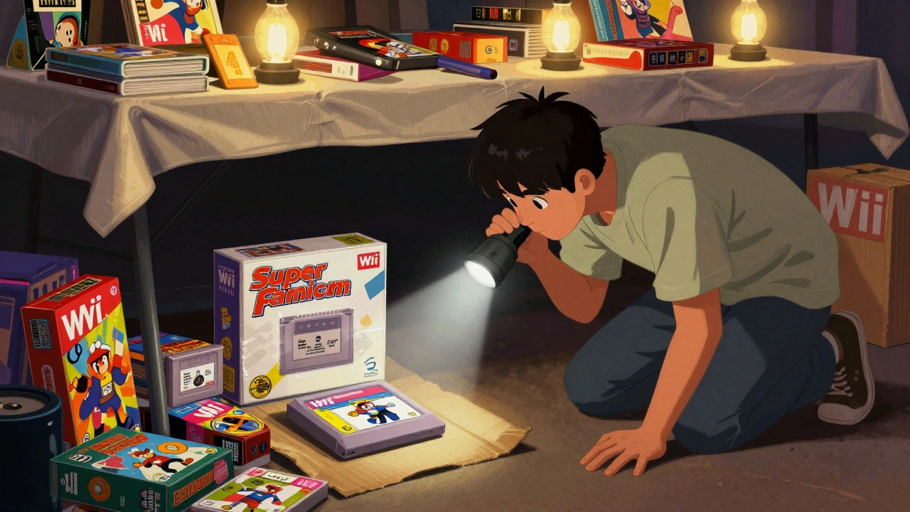 Someone crawls under a table at a swap meet, using a flashlight to find hidden retro games.