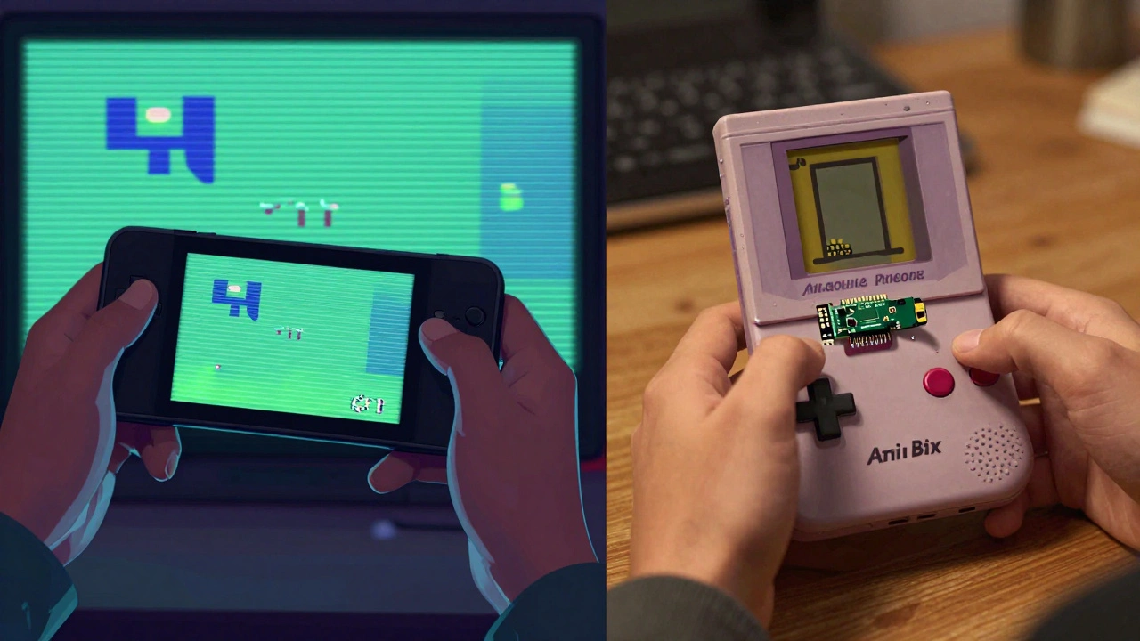 Split view of someone playing retro games on a smartphone versus an Analogue Pocket handheld with original cartridge.