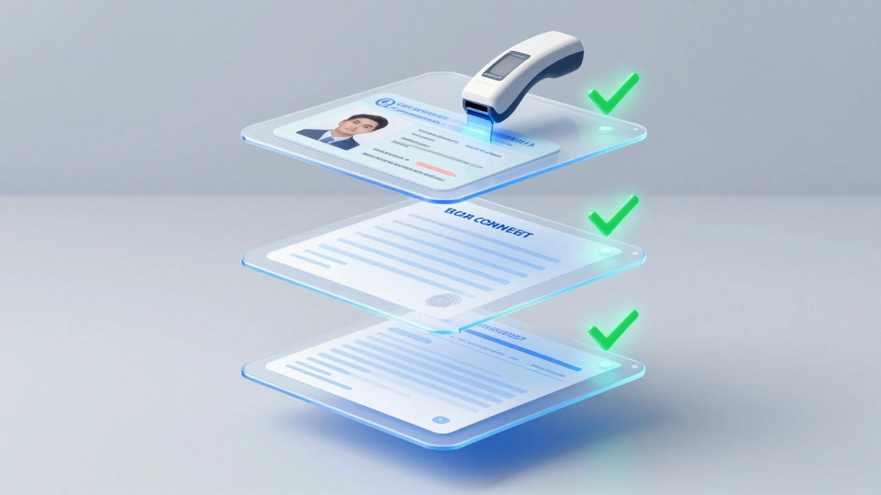 Three transparent digital layers showing ID verification, consent logging, and payment transparency.
