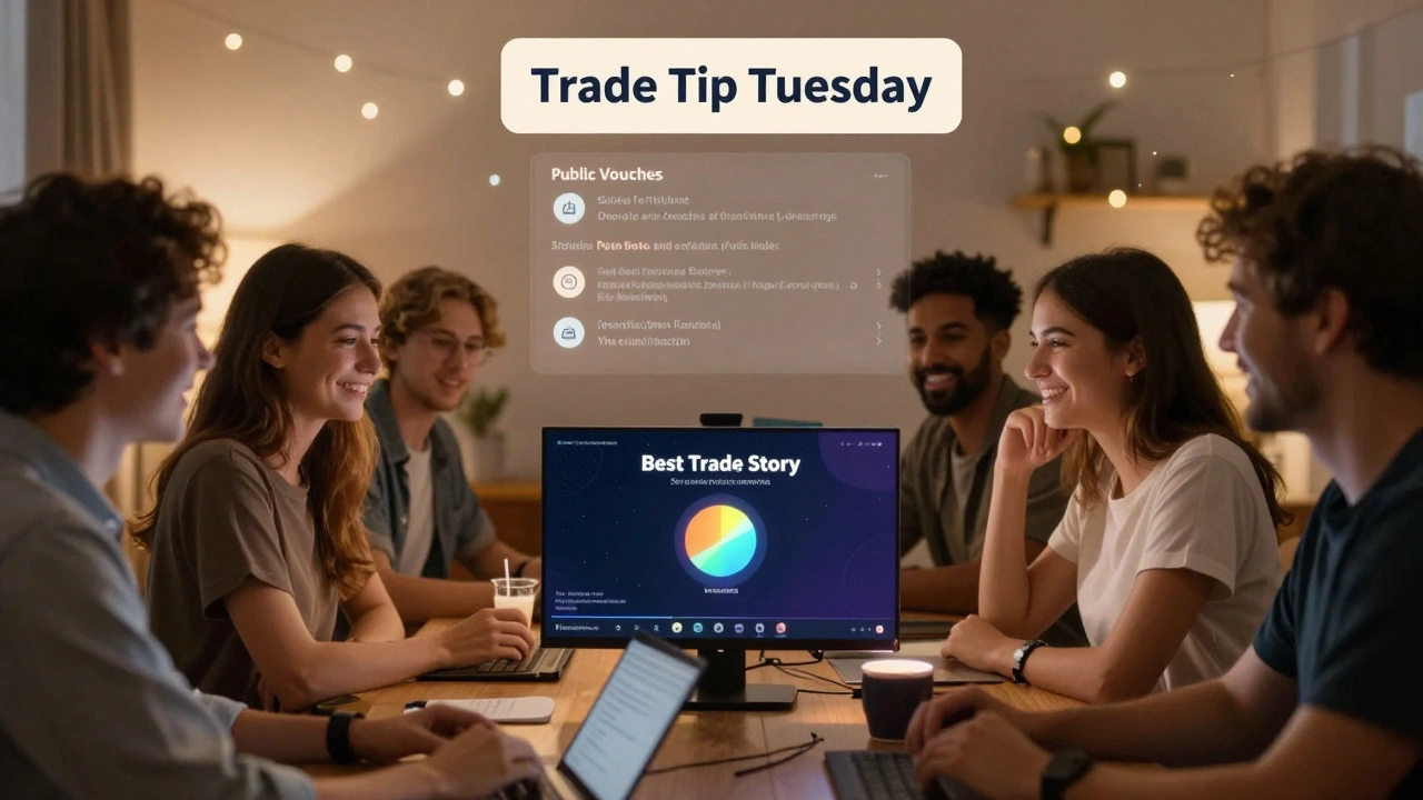 Trusted traders in a voice chat sharing a best trade story, with public vouches and tips visible in the background.