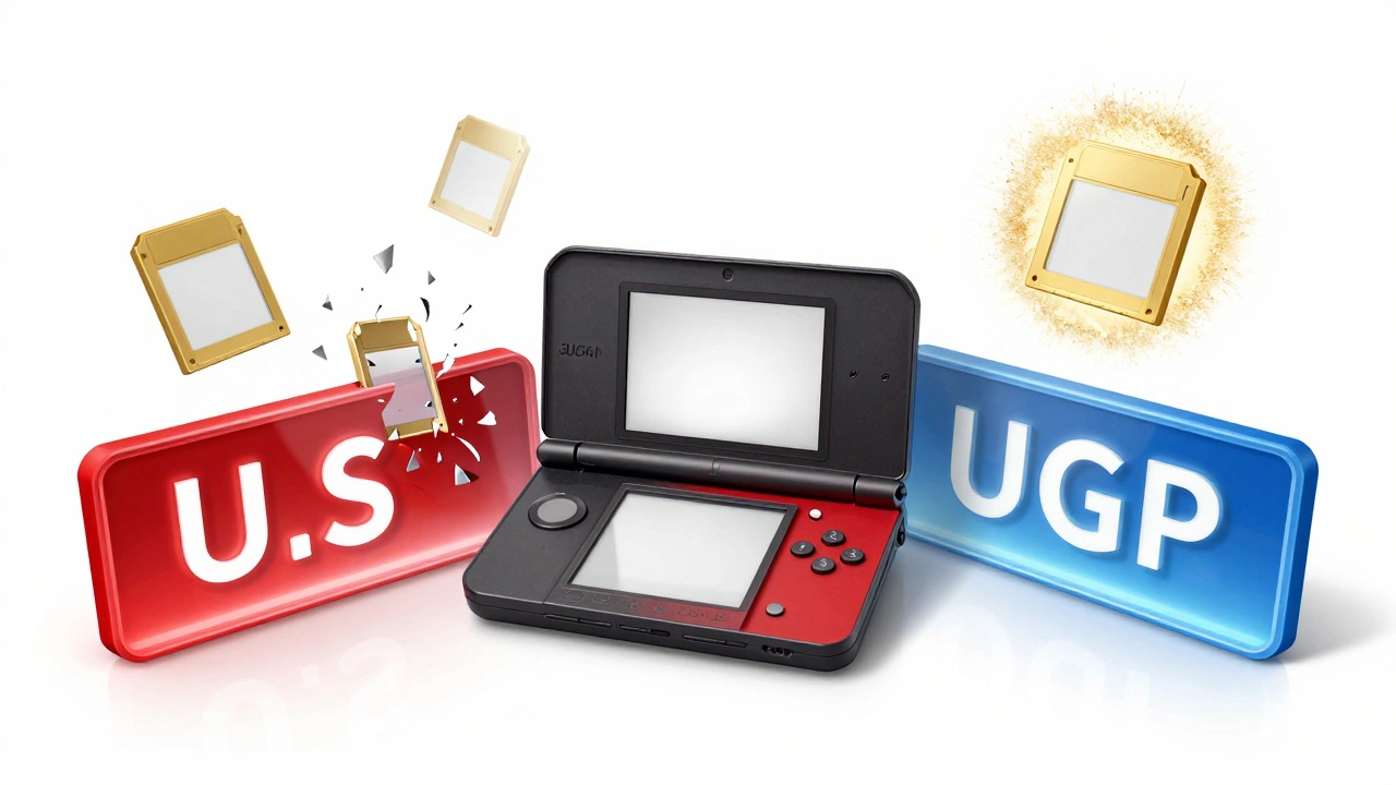 A 3DS console surrounded by glowing region barriers, with one Japanese game cartridge floating in golden light.