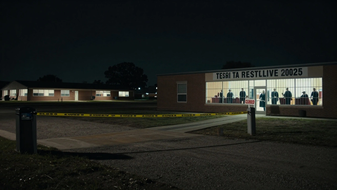 A closed adult business in Texas surrounded by empty buffer zones and police tape, highlighting strict zoning laws.