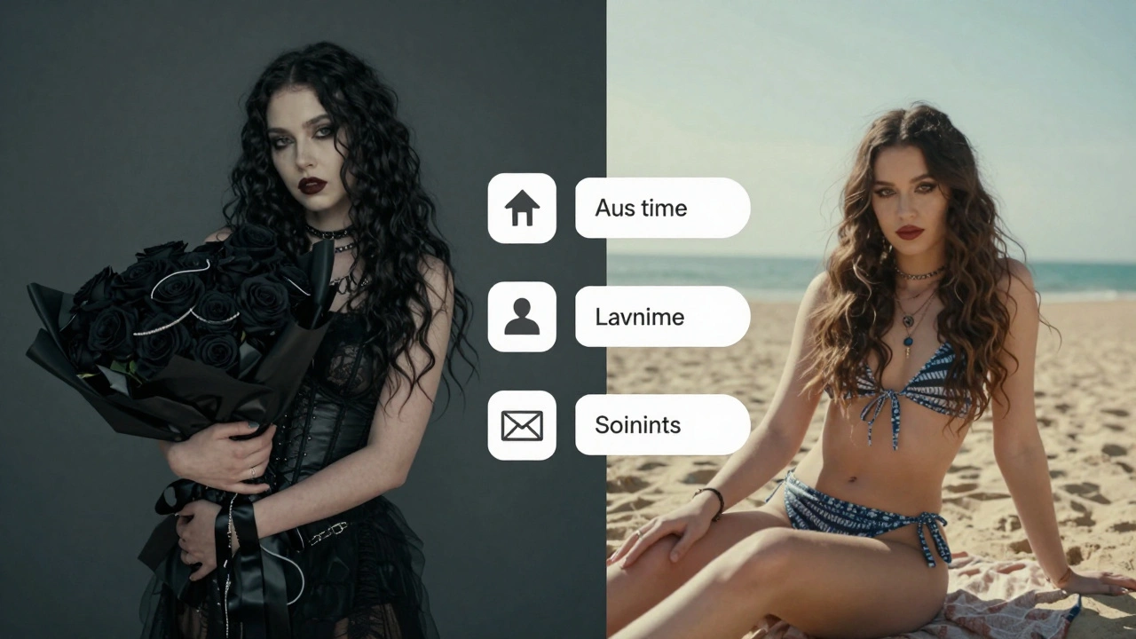 A creator in gothic Valentine’s attire beside their summer beach content, with analytics icons floating between the two scenes.