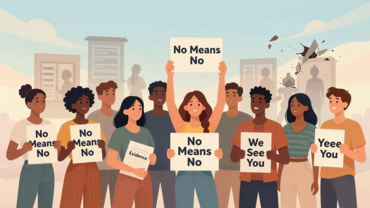 A group of performers standing together holding signs of solidarity under daylight.