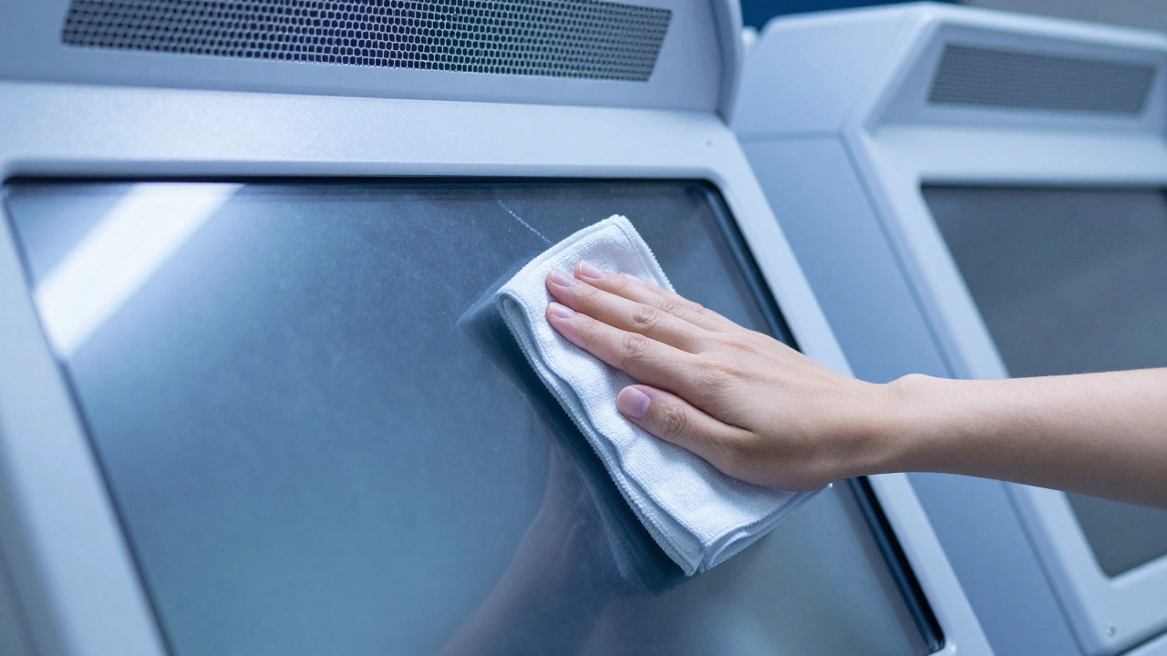 A hand cleaning an acrylic screen with a microfiber cloth, while fine mesh vents and a magnetically sealed door highlight dust control.