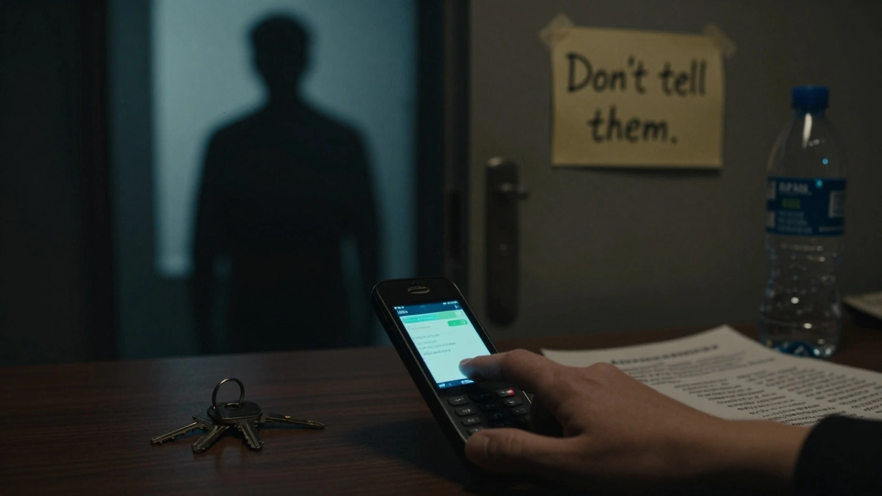 A hand sending a secure message on a burner phone, with a shadowy figure outside a window.