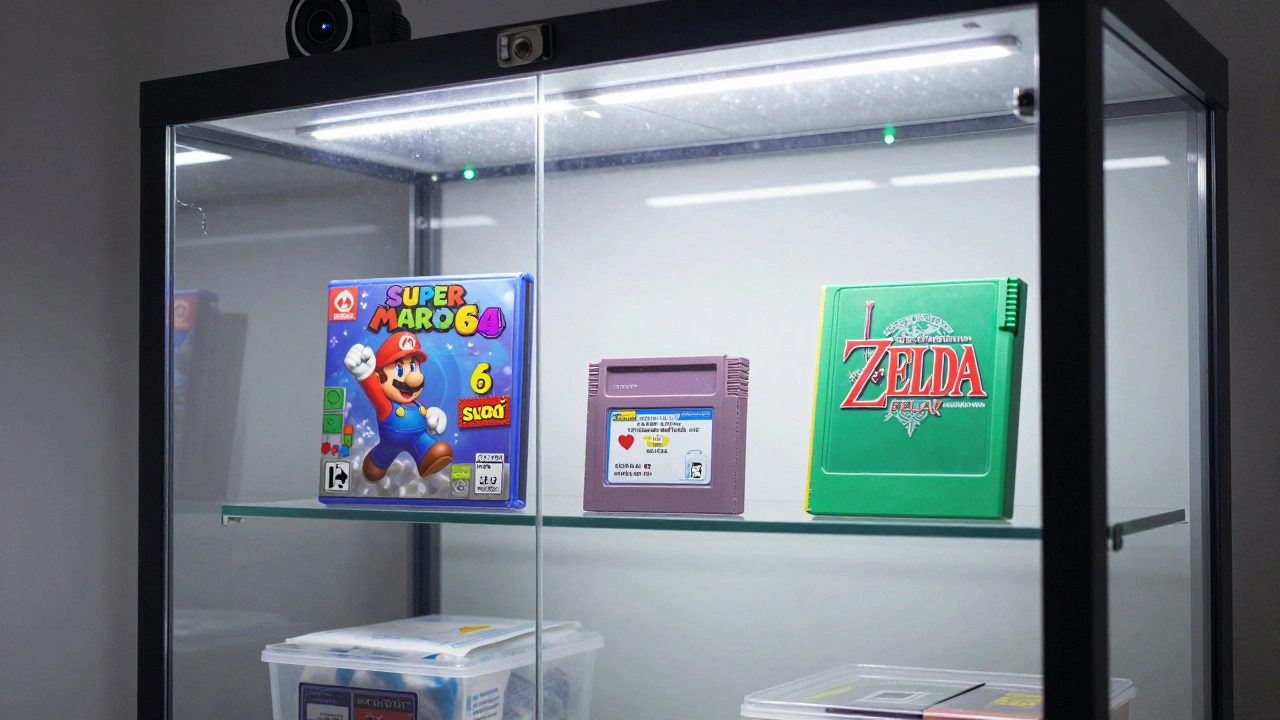 A locked display case with UV-filtered glass holding rare retro games, illuminated by white LED lights, with a security camera and motion sensor visible.