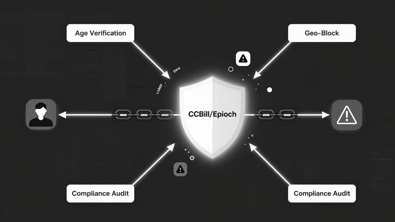 A network diagram illustrating compliant traffic flow through cloaked domains to secure payment systems with CCBill/Epoch as the central shield.