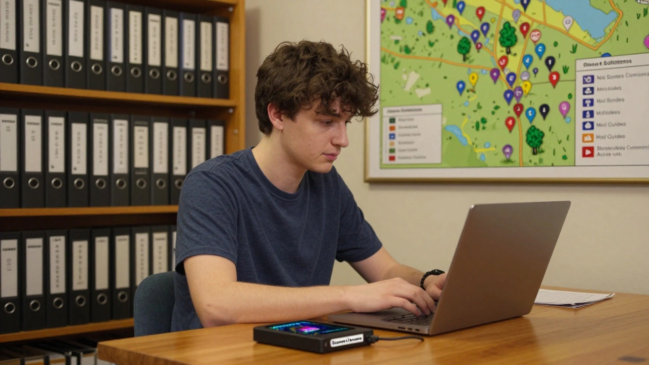 A person archiving game data in a library, with labeled binders and a wall map marking archived online communities.