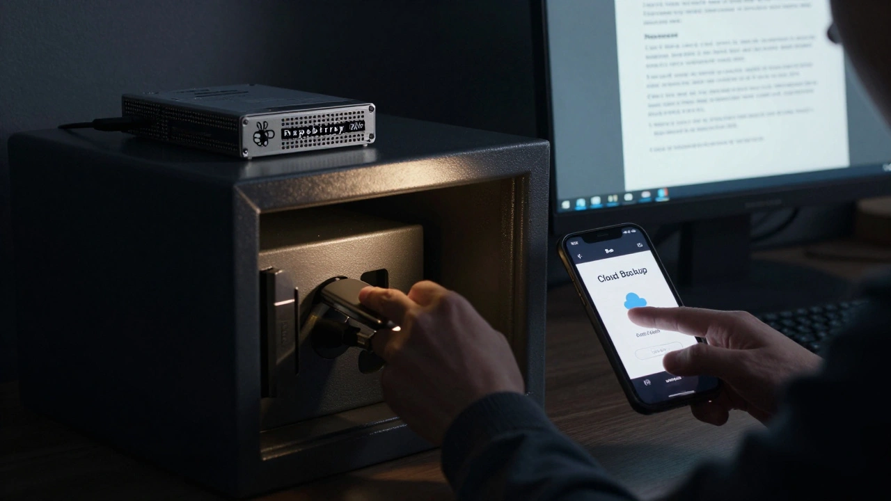 A person backing up game archives to a USB drive in a fireproof safe while uploading to cloud storage.