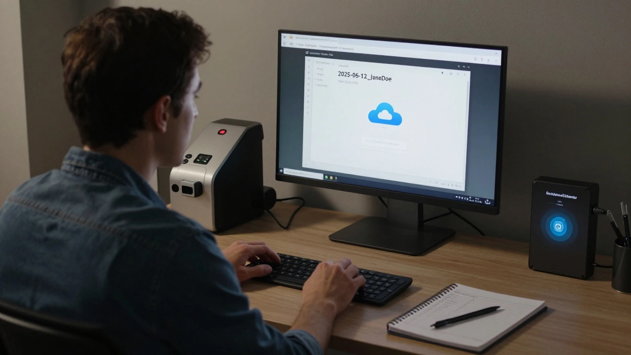 A person scanning an ID at a desk with encrypted storage devices and compliance notes visible.