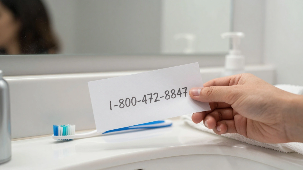 A phone number written on paper beside toiletries, symbolizing quiet access to crisis support.