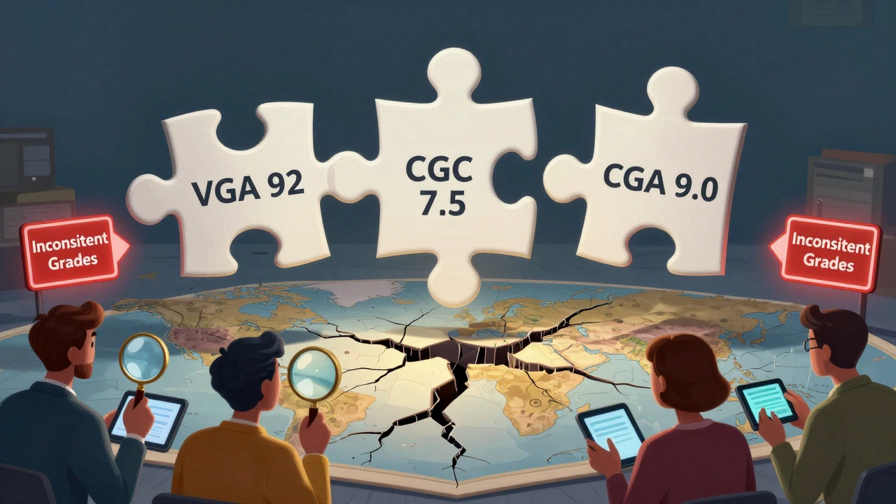 A puzzle with three mismatched grading labels floating above a cracked map, surrounded by confused collectors and warning signs.