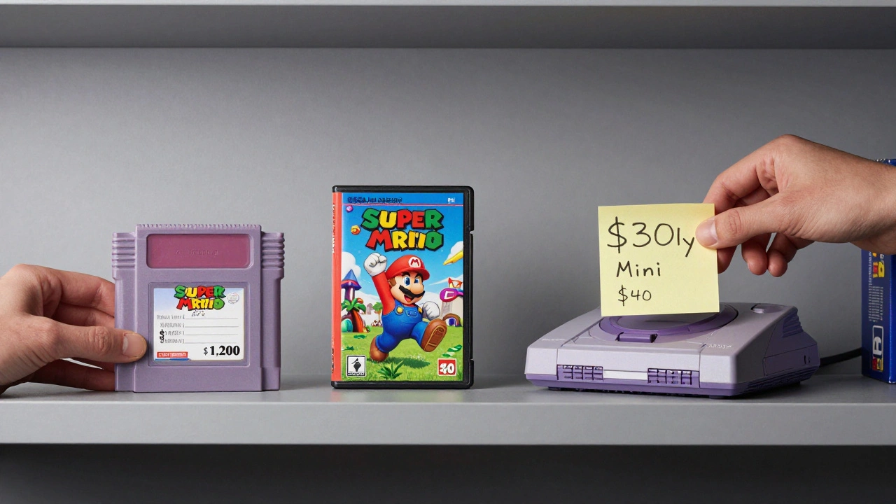 A shelf showing a sealed retro game, a used copy, and a mini console side by side, with a budget note beside them.