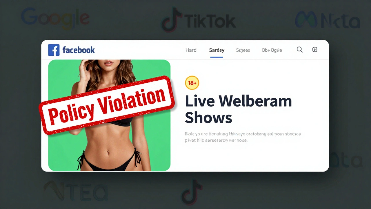 A split-screen visual contrasting a banned Facebook ad with a compliant adult landing page featuring an age gate and clear labeling.