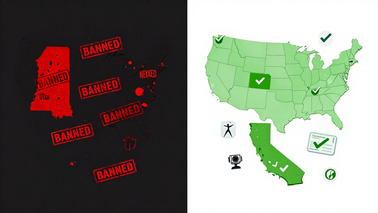A split U.S. map showing banned states on one side and permissive states on the other, with symbolic icons of regulation and freedom.